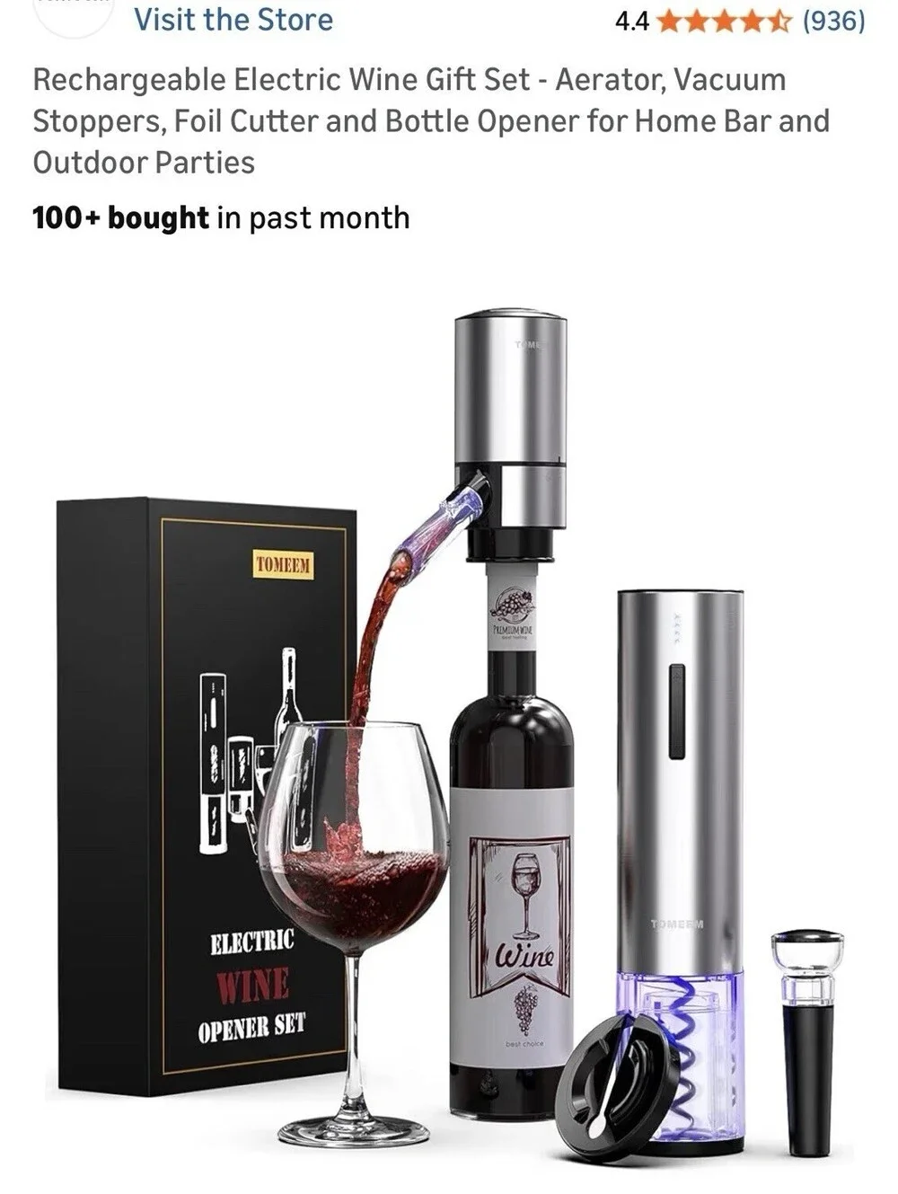 Rechargeable Electric Wine Gift Set - Aerator, Vacuum Stoppers, Foil Cutter a...